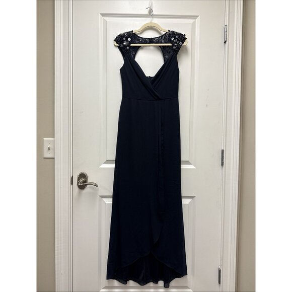 Adrianna Papell Size 2 Navy Cap-Sleeve Embellished Chiffon Mermaid Gown Dress - Picture 3 of 12